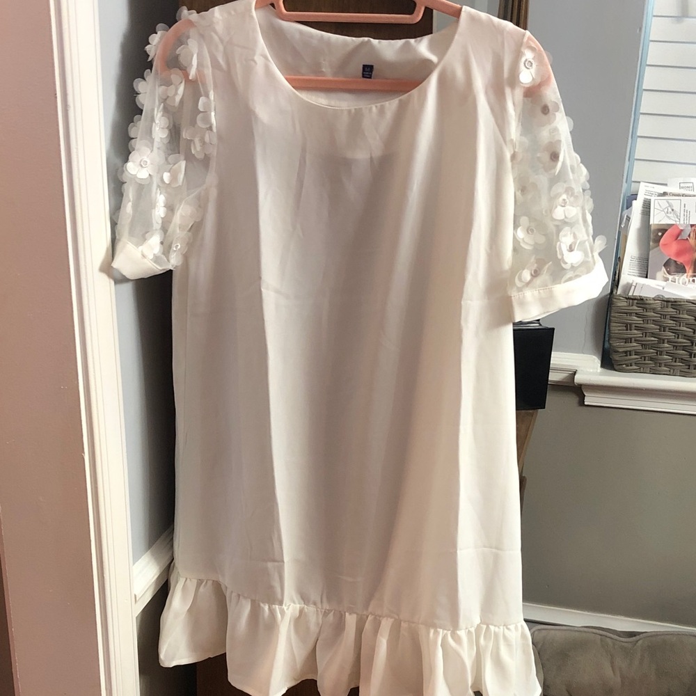 White babydoll Dress with Floral Sheer Sleeves